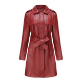 New European and American mid length leather jacket with belt, spring and autumn long sleeved leather windbreaker, fashionable British coat for women