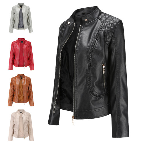 New Spring and Autumn Women's Leather Clothes, Women's Temperament, European and American Large Standing Collar PU Leather Women's Leather Jackets, Women's Leather Jackets