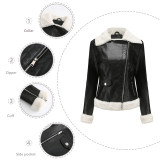Autumn and winter new plush leather jacket for women in European size, warm long sleeved lapel jacket, European and American commuting casual jacket, Amazon