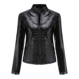 New women's casual leather jacket with standing collar, European and American slim fit jacket, women's spring and autumn solid color leather jacket