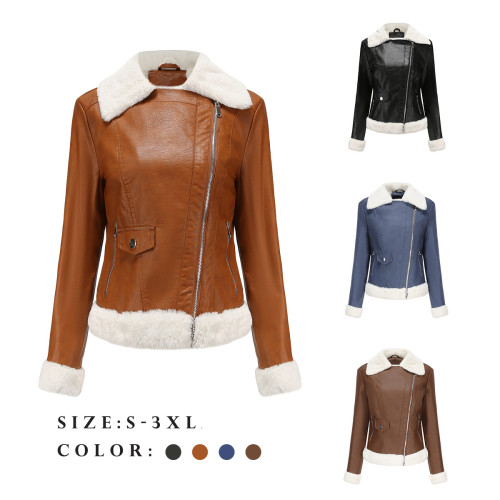 Autumn and winter new plush leather jacket for women in European size, warm long sleeved lapel jacket, European and American commuting casual jacket, Amazon