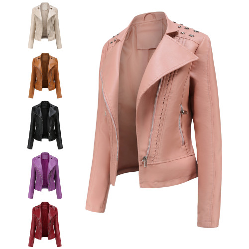 European size women's beaded leather jacket, long sleeved fashionable jacket, lapel motorcycle jacket, thin spring and autumn women's jacket