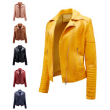 Spring and Autumn Short Leather Coat Women's European Size Slim Fit Flip Collar Motorcycle Suit Oblique Zipper Jacket Amazon Women's Coat