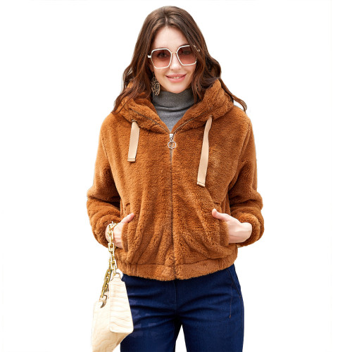 Autumn and Winter New Women's Plush Coat Hooded Long sleeved Warm Cotton Coat Solid Color Short Top