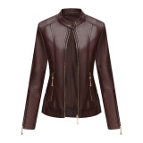 New fashionable women's leather jacket PU leather short jacket stand up collar jacket women's spring and autumn thin leather jacket navy blue leather jacket