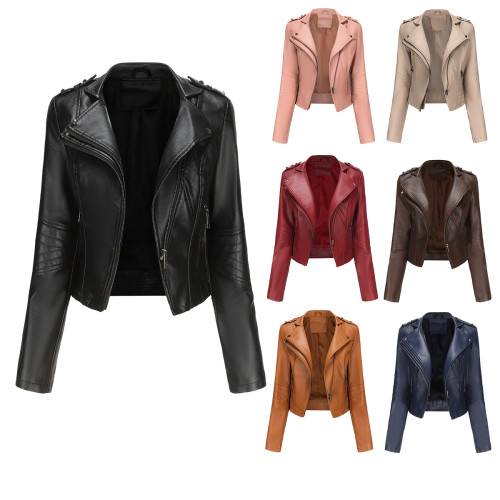 New slim fit long sleeved spring and autumn leather jacket for women with rivets, popular short jackets in Europe and America, zippered leather jacket