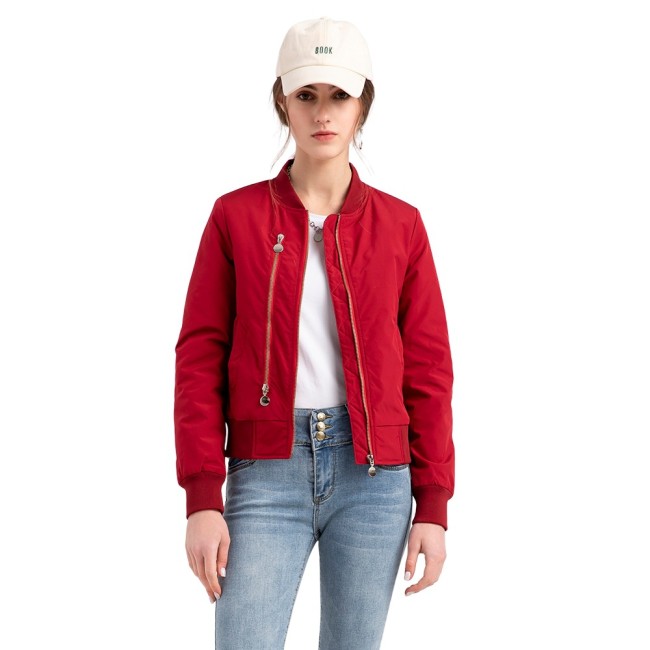 Spring and Autumn New Women's Solid Color Pilot Jacket Women's Zipper Decoration Rib Cuff Clip Cotton Women's Coat Women's