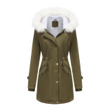 Autumn and winter new detachable fur collar for women to overcome long sleeved European and American hooded cotton jackets, plush coats, and cotton clothes for women