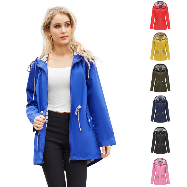 New European and American long sleeved splash proof mid length windbreaker for women, hooded striped raincoat, cross-border oversized women's clothing