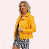 Spring and Autumn Short Leather Coat Women's European Size Slim Fit Flip Collar Motorcycle Suit Oblique Zipper Jacket Amazon Women's Coat