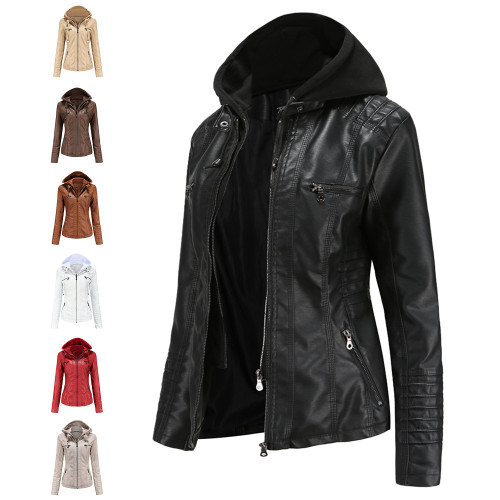 European and American cross-border hooded leather jacket two-piece set with detachable large leather jacket for women's spring and autumn jackets, PU washed leather for women