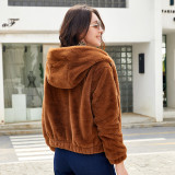 Autumn and Winter New Women's Plush Coat Hooded Long sleeved Warm Cotton Coat Solid Color Short Top