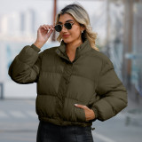 Autumn and winter women's short cotton clothing, women's long sleeved high necked warm jacket, loose casual cotton jacket