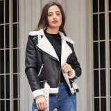 Autumn and winter fur integrated warm women's suede jacket, European and American leather jacket for women with belt and lapel jacket for women