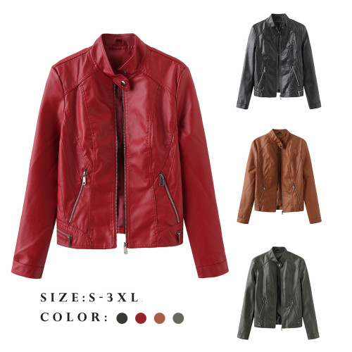 Leisure leather jacket, spring and autumn women's leather jacket, long sleeved zippered stand up collar jacket