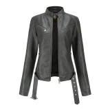 New European size jacket, women's short style with belt, women's leather jacket, large-sized slim fit leather jacket, standing collar, thin women's fashion trend