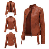 New European size jacket, women's short style with belt, women's leather jacket, large-sized slim fit leather jacket, standing collar, thin women's fashion trend