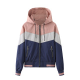 Women's thin windbreaker, women's spring and autumn hooded jacket, women's outdoor raincoat, color matching drawstring jacket
