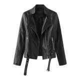Street trendy leather jacket with belt, long sleeved spring and autumn thin women's jacket, European and American V-neck PU jacket