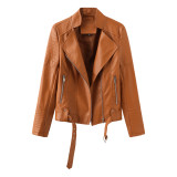 Street trendy leather jacket with belt, long sleeved spring and autumn thin women's jacket, European and American V-neck PU jacket