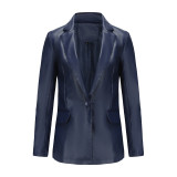 Real time shooting of new European and American small suits, cross-border long sleeved jackets, women's single button commuting casual solid color leather jackets