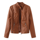 Leisure leather jacket, spring and autumn women's leather jacket, long sleeved zippered stand up collar jacket