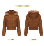 New detachable hat short style plush cotton jacket for women's autumn and winter warmth, long sleeves with hat hair, solid color thick coat 845
