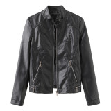 Leisure leather jacket, spring and autumn women's leather jacket, long sleeved zippered stand up collar jacket