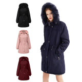 Foreign trade women's cotton jacket, fleece jacket, medium length, large-sized hooded cotton jacket, winter warmth, plush cotton jacket for women