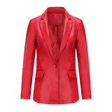 Real time shooting of new European and American small suits, cross-border long sleeved jackets, women's single button commuting casual solid color leather jackets