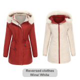 Wearing warm cotton jackets on both sides in autumn and winter, with detachable hats, long sleeves, zippers, thick cotton jackets, fur collars, and a style that overcomes women's shortcomings