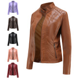 Autumn and Winter New Casual Leather Clothes for Women's Simplicity, European and American Trend, Thin Coat, Long sleeved Motorcycle Jacket, Women's Foreign Trade Women's Clothing