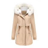 New Foreign Trade Pai Overcomes Long Sleeves, Plush Hooded, Wool Collar, Cotton Coat for Women