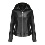 Women's Spring and Autumn Hooded Leather Coat Women's Detachable Hat Windproof Coat Short European Size Casual Jacket