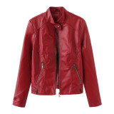 Leisure leather jacket, spring and autumn women's leather jacket, long sleeved zippered stand up collar jacket