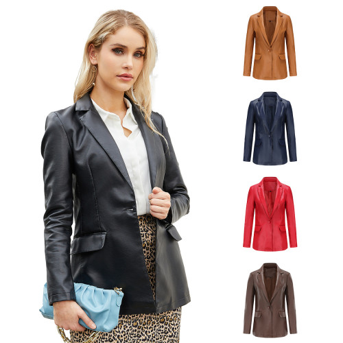 Real time shooting of new European and American small suits, cross-border long sleeved jackets, women's single button commuting casual solid color leather jackets