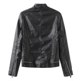 Leisure leather jacket, spring and autumn women's leather jacket, long sleeved zippered stand up collar jacket