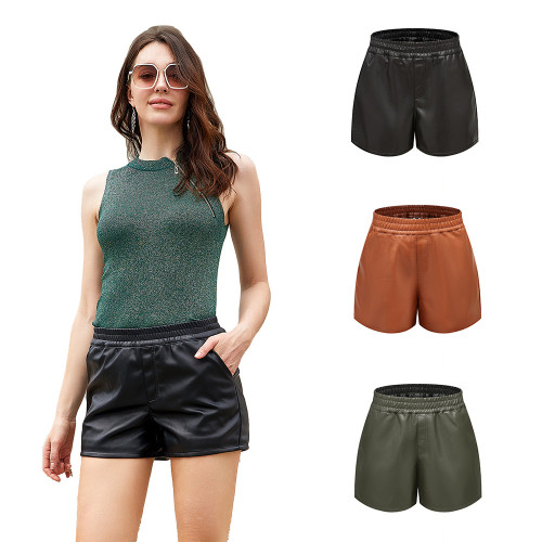 Women's European and American minimalist PU leather shorts casual loose shorts Amazon bottoms