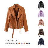 Street trendy leather jacket with belt, long sleeved spring and autumn thin women's jacket, European and American V-neck PU jacket