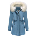 Women's winter plush cotton clothes, women's hooded detachable fur collar, long sleeved style overcoming