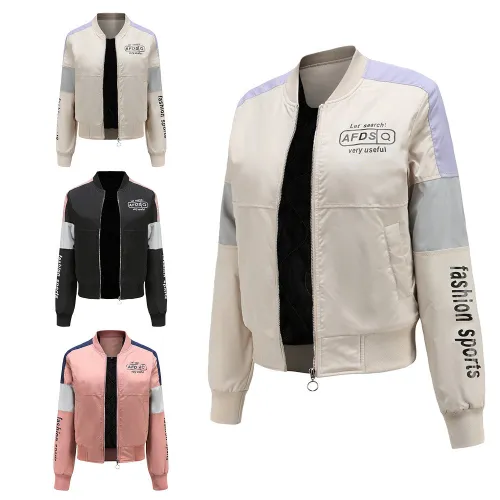 Coat women's spring and autumn jackets with cotton jackets, European and American color matching baseball jackets, printed pilot jacket women