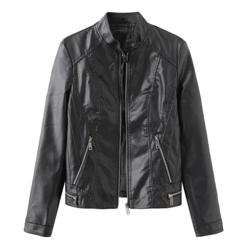 Leisure leather jacket, spring and autumn women's leather jacket, long sleeved zippered stand up collar jacket