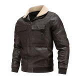 Autumn and winter fur integrated men's plush leather jacket with multiple pockets, European and American warm jacket for men