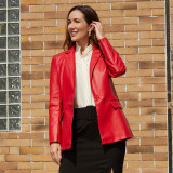 Real time shooting of new European and American small suits, cross-border long sleeved jackets, women's single button commuting casual solid color leather jackets