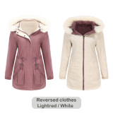 Wearing warm cotton clothes on both sides in autumn and winter, detachable hat, long sleeved zipper, thick cotton jacket with fur collar, overcoming women's 836