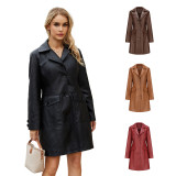 New European and American long leather jacket, spring and autumn long sleeved leather windbreaker, fashionable British jacket, women's lapel single breasted