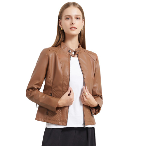 Autumn and Winter New Casual Leather Clothes for Women's Simplicity, European and American Trend, Thin Coat, Long sleeved Motorcycle Jacket, Women's Foreign Trade Women's Clothing