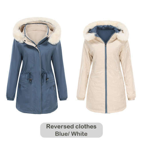 Wearing warm cotton jackets on both sides in autumn and winter, with detachable hats, long sleeves, zippers, thick cotton jackets, fur collars, and a style that overcomes women's shortcomings
