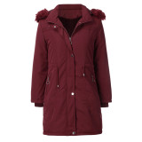 Cross border foreign trade women's cotton jacket, medium length, large fur collar, hood, detachable, winter warm and plush coat