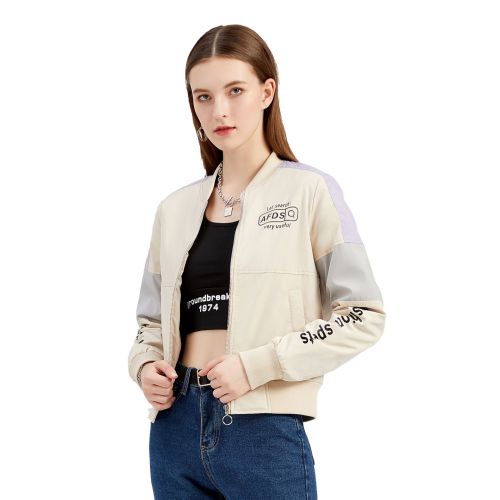 Coat women's spring and autumn jackets with cotton jackets, European and American color matching baseball jackets, printed pilot jacket women